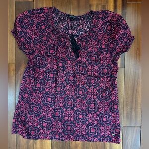 Tommy Hilfiger Womens Short Sleeve Printed Tie-Neck Blouse - Pink & Navy